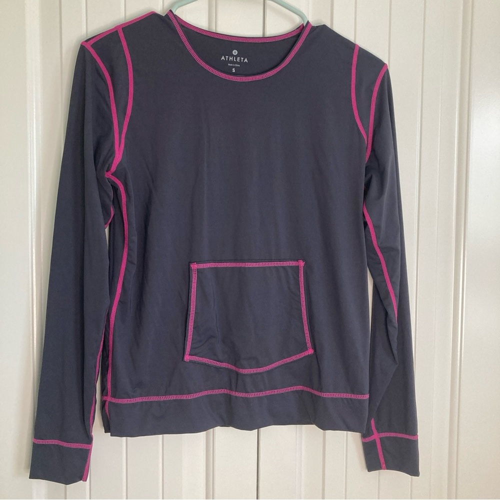 Athleta Womens S Long Sleeve Gray Kangaroo Pocket Top